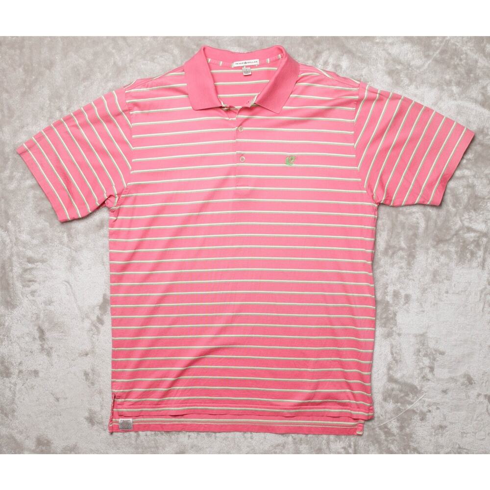 Peter Millar Coral Pink Green White Striped Short Sleeve Polo Mens Size L